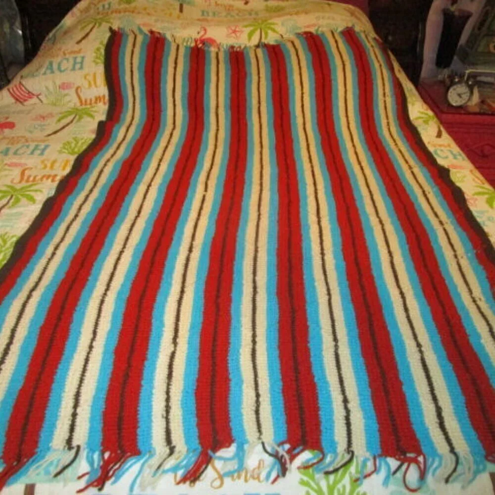 VTG Hand Crochet AFGHAN Throw BLANKET Lap COUCH Southwestern FRINGE Aztec 60X38
